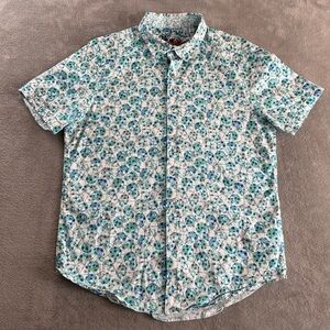 Robert Graham Shirt Mens Large Blue White Skull Print Tailored Fit Short Sleeve
